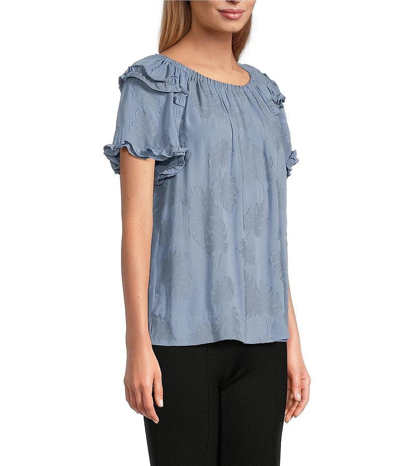 Slim Factor By Investments Heidi Palm Jacquard Elastic Linen Blend Crew Neckline Short Sleeve Top