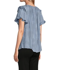 Slim Factor By Investments Heidi Palm Jacquard Elastic Linen Blend Crew Neckline Short Sleeve Top