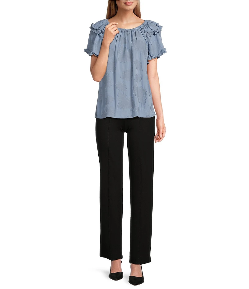 Slim Factor By Investments Heidi Palm Jacquard Elastic Linen Blend Crew Neckline Short Sleeve Top