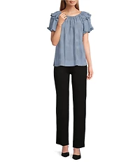 Slim Factor By Investments Heidi Palm Jacquard Elastic Linen Blend Crew Neckline Short Sleeve Top