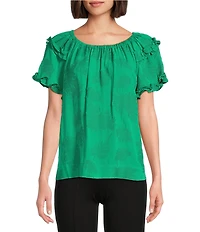 Slim Factor By Investments Heidi Palm Jacquard Elastic Linen Blend Crew Neckline Short Sleeve Top