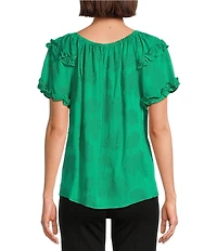 Slim Factor By Investments Heidi Palm Jacquard Elastic Linen Blend Crew Neckline Short Sleeve Top