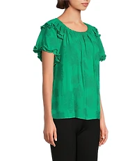 Slim Factor By Investments Heidi Palm Jacquard Elastic Linen Blend Crew Neckline Short Sleeve Top