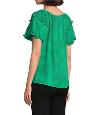 Slim Factor By Investments Heidi Palm Jacquard Elastic Linen Blend Crew Neckline Short Sleeve Top
