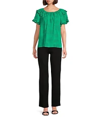 Slim Factor By Investments Heidi Palm Jacquard Elastic Linen Blend Crew Neckline Short Sleeve Top