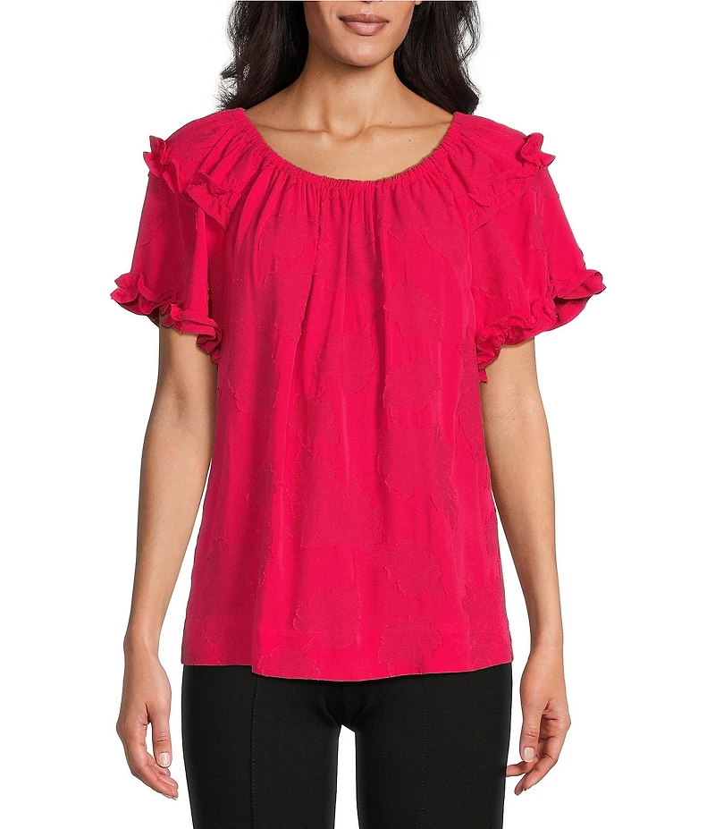 Slim Factor By Investments Heidi Palm Jacquard Elastic Linen Blend Crew Neckline Short Sleeve Top