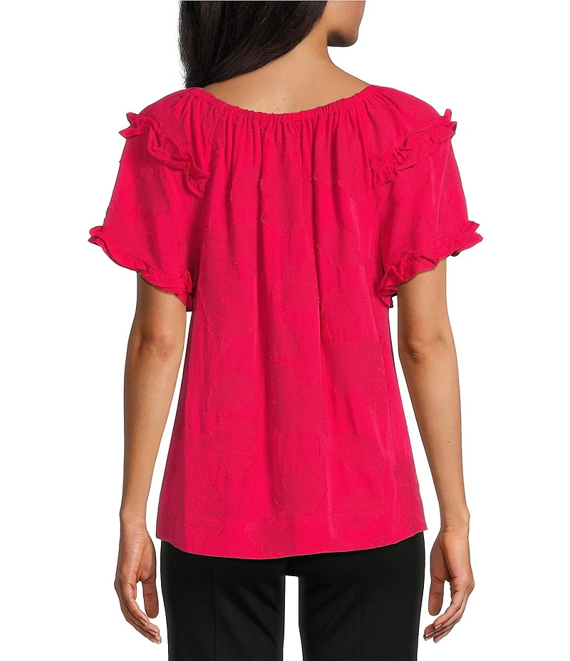 Slim Factor By Investments Heidi Palm Jacquard Elastic Linen Blend Crew Neckline Short Sleeve Top