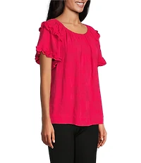Slim Factor By Investments Heidi Palm Jacquard Elastic Linen Blend Crew Neckline Short Sleeve Top