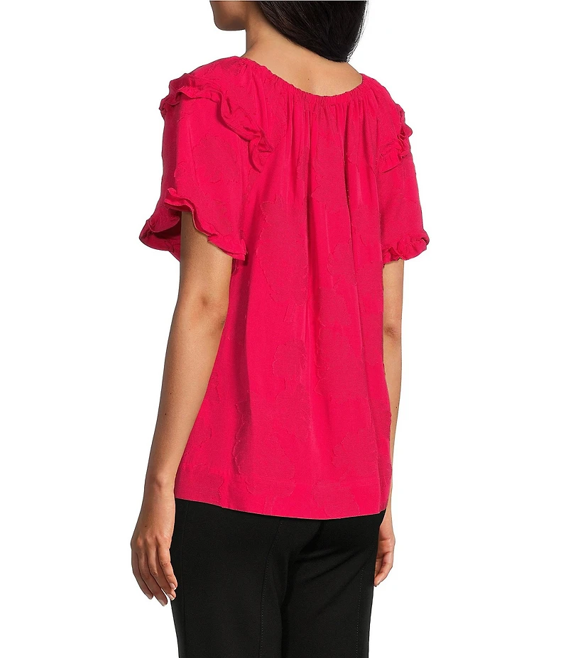 Slim Factor By Investments Heidi Palm Jacquard Elastic Linen Blend Crew Neckline Short Sleeve Top