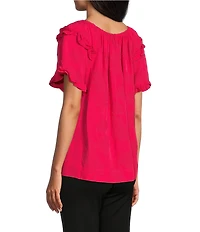 Slim Factor By Investments Heidi Palm Jacquard Elastic Linen Blend Crew Neckline Short Sleeve Top