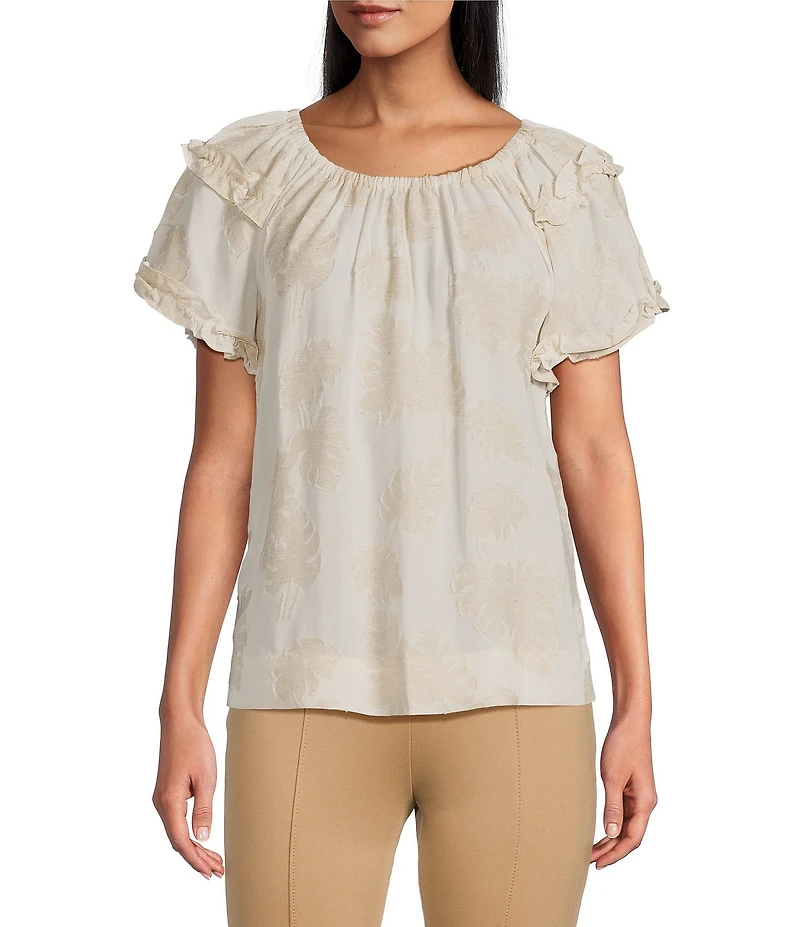 Slim Factor By Investments Heidi Palm Jacquard Elastic Linen Blend Crew Neckline Short Sleeve Top