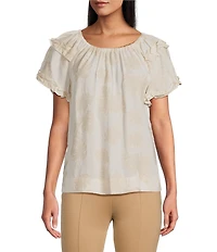 Slim Factor By Investments Heidi Palm Jacquard Elastic Linen Blend Crew Neckline Short Sleeve Top