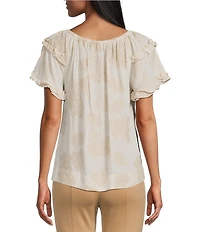 Slim Factor By Investments Heidi Palm Jacquard Elastic Linen Blend Crew Neckline Short Sleeve Top