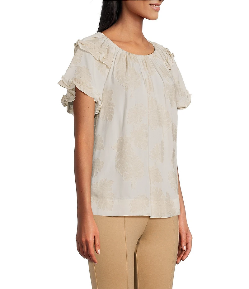 Slim Factor By Investments Heidi Palm Jacquard Elastic Linen Blend Crew Neckline Short Sleeve Top