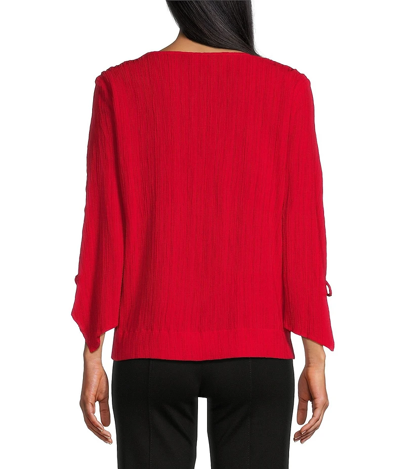 Slim Factor By Investments Josie Crew Neck 3/4 Sleeve Grommet Textured Top