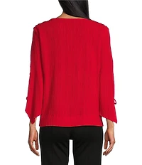Slim Factor By Investments Josie Crew Neck 3/4 Sleeve Grommet Textured Top