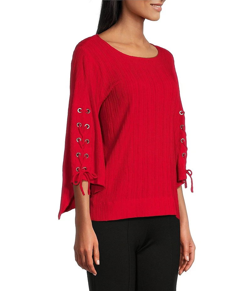 Slim Factor By Investments Josie Crew Neck 3/4 Sleeve Grommet Textured Top