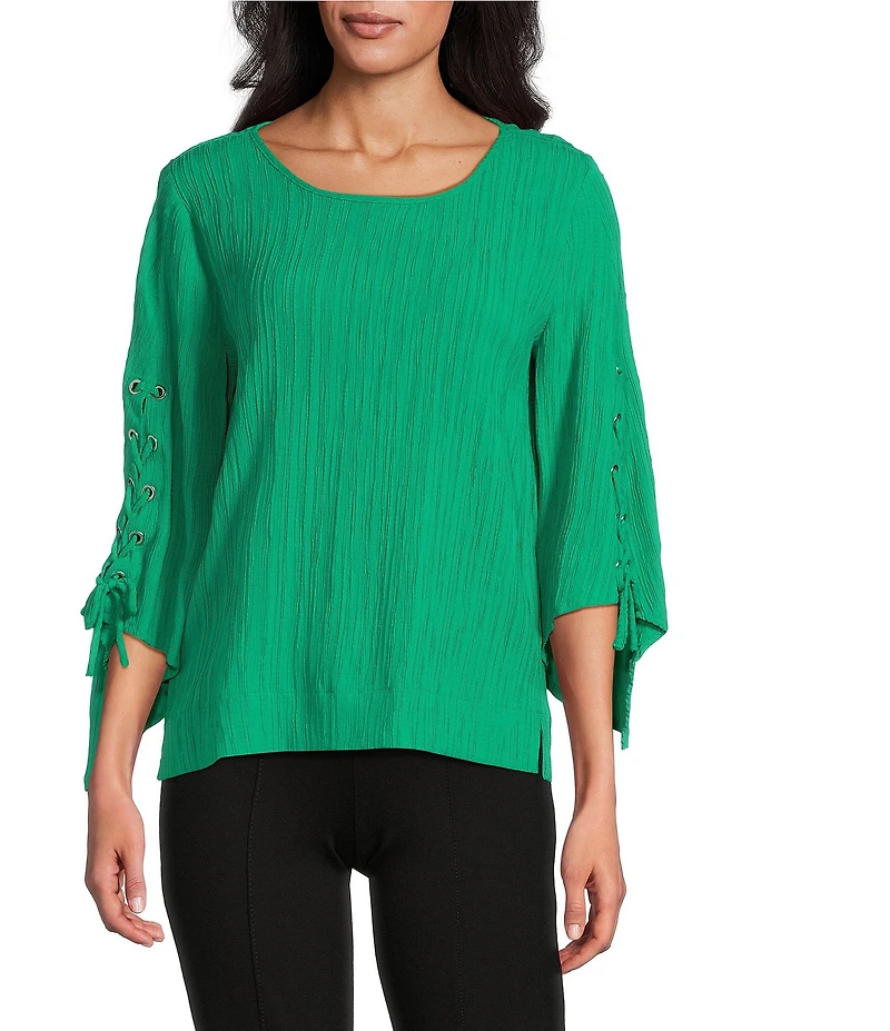 Slim Factor By Investments Josie Crew Neck 3/4 Sleeve Grommet Textured Top