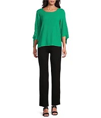 Slim Factor By Investments Josie Crew Neck 3/4 Sleeve Grommet Textured Top
