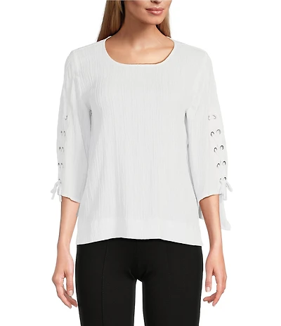 Slim Factor By Investments Josie Crew Neck 3/4 Sleeve Grommet Textured Top