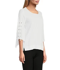 Slim Factor By Investments Josie Crew Neck 3/4 Sleeve Grommet Textured Top