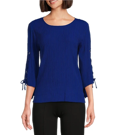 Slim Factor By Investments Josie Crew Neck 3/4 Sleeve Grommet Textured Top