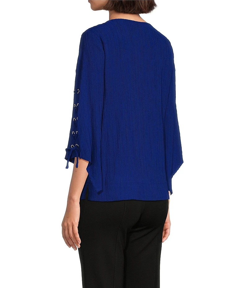Slim Factor By Investments Josie Crew Neck 3/4 Sleeve Grommet Textured Top