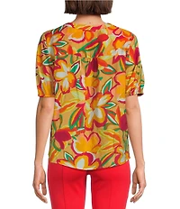 Slim Factor By Investments Julia Gold Fusion Multi Paradise Floral Print V-Neck Short Sleeve Top