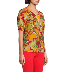 Slim Factor By Investments Julia Gold Fusion Multi Paradise Floral Print V-Neck Short Sleeve Top