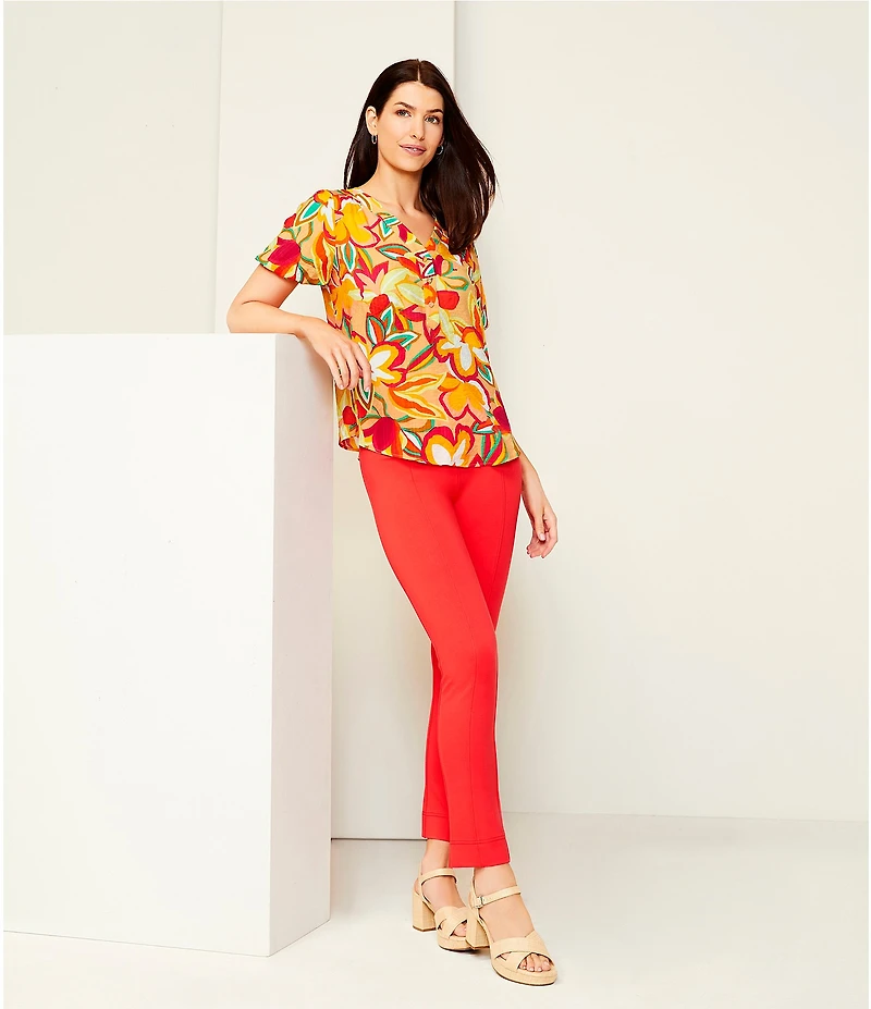 Slim Factor By Investments Julia Gold Fusion Multi Paradise Floral Print V-Neck Short Sleeve Top