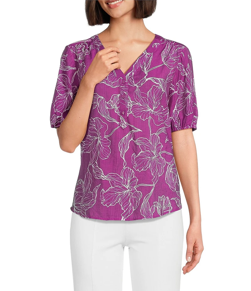 Slim Factor By Investments Julia Hollyhock Stencil Print V- Neck Short Sleeve Top
