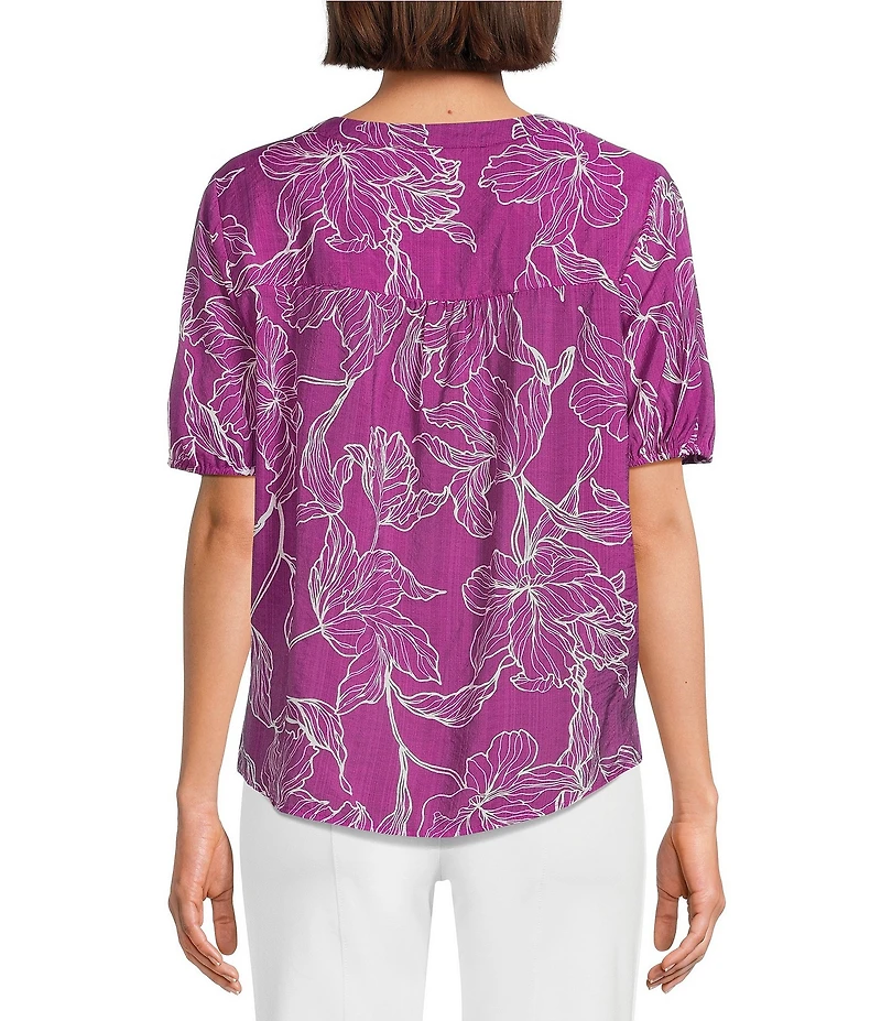 Slim Factor By Investments Julia Hollyhock Stencil Print V- Neck Short Sleeve Top