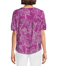 Slim Factor By Investments Julia Hollyhock Stencil Print V- Neck Short Sleeve Top