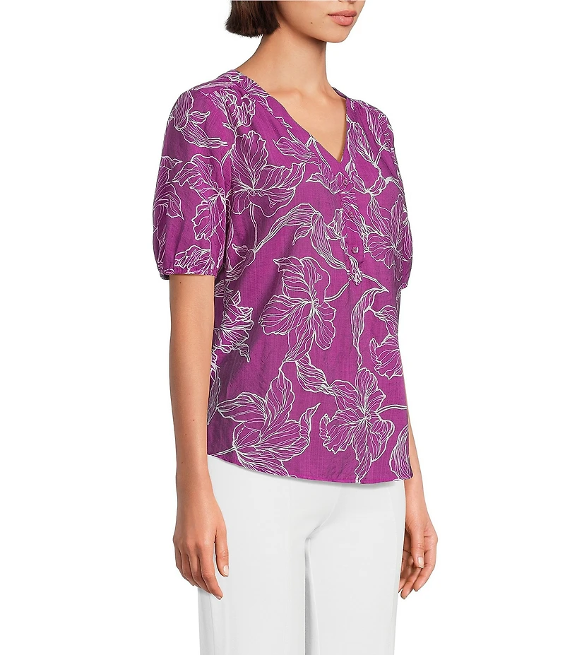 Slim Factor By Investments Julia Hollyhock Stencil Print V- Neck Short Sleeve Top