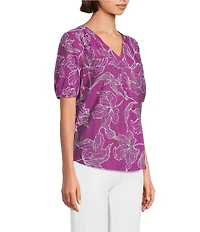 Slim Factor By Investments Julia Hollyhock Stencil Print V- Neck Short Sleeve Top