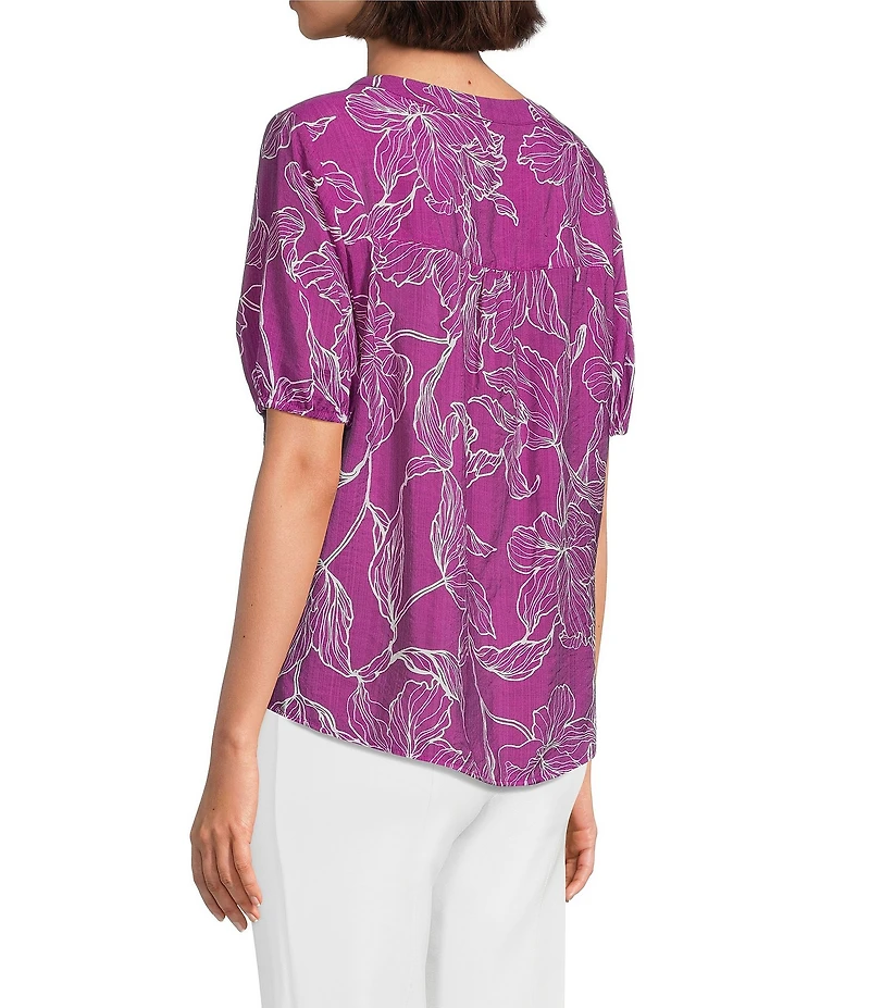 Slim Factor By Investments Julia Hollyhock Stencil Print V- Neck Short Sleeve Top