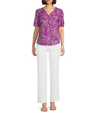 Slim Factor By Investments Julia Hollyhock Stencil Print V- Neck Short Sleeve Top