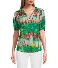 Slim Factor By Investments Julia Simply Green Multi Tie Dye Print V-Neck Short Sleeve Top