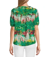 Slim Factor By Investments Julia Simply Green Multi Tie Dye Print V-Neck Short Sleeve Top