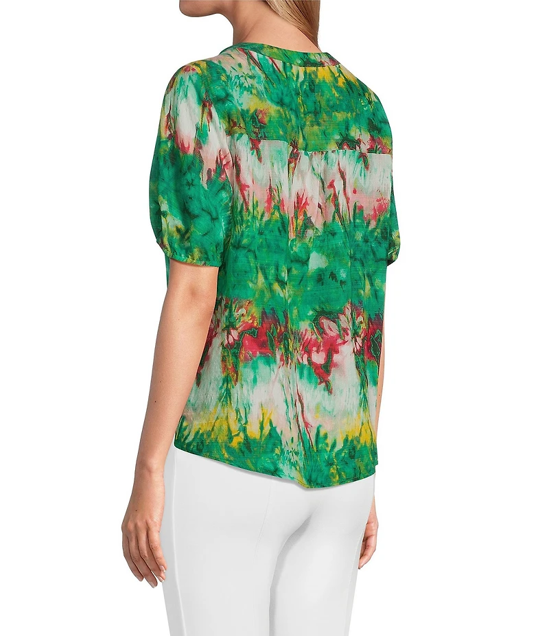 Slim Factor By Investments Julia Simply Green Multi Tie Dye Print V-Neck Short Sleeve Top