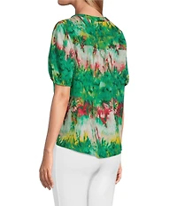 Slim Factor By Investments Julia Simply Green Multi Tie Dye Print V-Neck Short Sleeve Top
