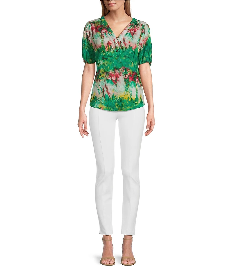 Slim Factor By Investments Julia Simply Green Multi Tie Dye Print V-Neck Short Sleeve Top