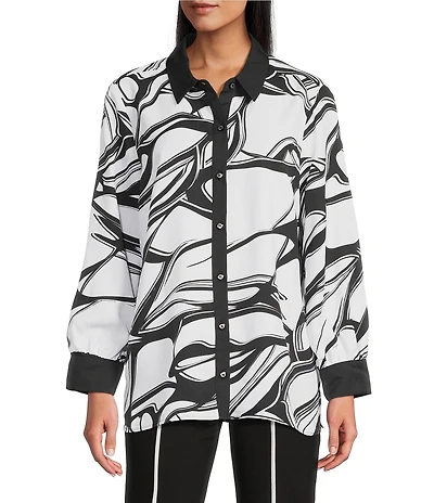 Slim Factor by Investments Long Sleeve Point Collar Abstract Stroke Print Button Front Top