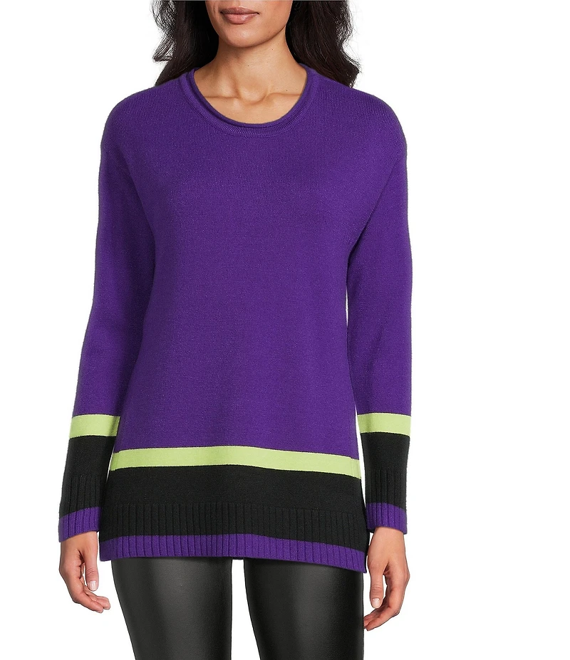 Slim Factor by Investments Madison Crew Neck Long Sleeve Double Stripe Sweater