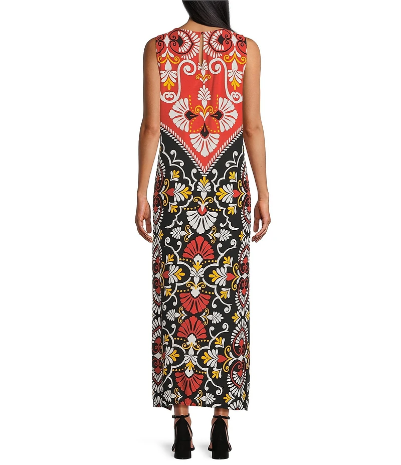 Slim Factor by Investments Orange Rust Flourish Batik Print Sleeveless Crew Neck Maxi Dress