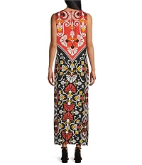 Slim Factor by Investments Orange Rust Flourish Batik Print Sleeveless Crew Neck Maxi Dress