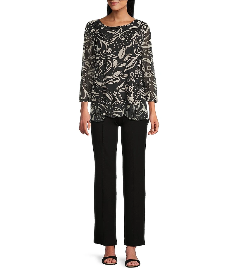 Slim Factor by Investments Paisley Print Crew Neck Long Sleeve Ruffled Hem Lined Top