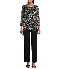 Slim Factor by Investments Paisley Print Crew Neck Long Sleeve Ruffled Hem Lined Top