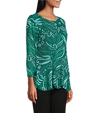 Slim Factor by Investments Paisley Print Crew Neck Long Sleeve Ruffled Hem Lined Top