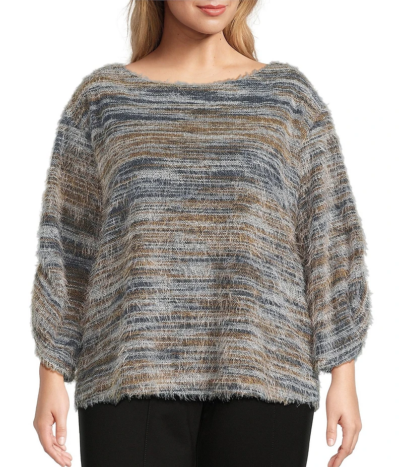Slim Factor by Investments Plus Alexa Boat Neck 3/4 Sleeve Fuzzy Knit Top